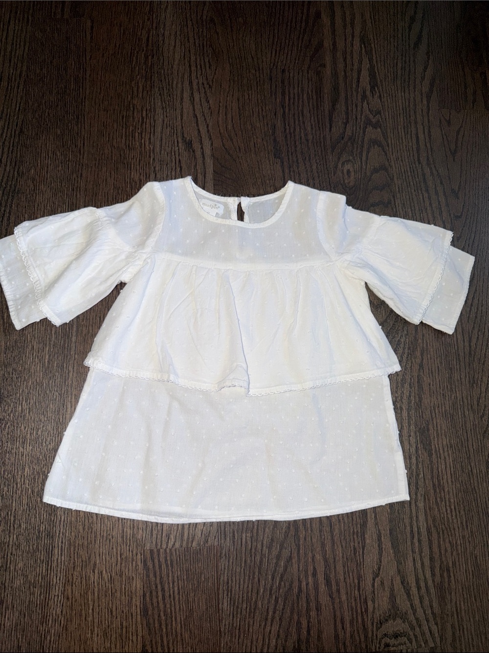 Mud Pie Girls' White Swiss Dot Tiered Blouse with Flutter Sleeves - size 4T
